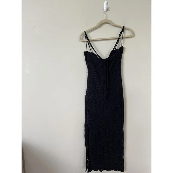 Free people Midi Dress Women Bodycon Black Dahlia Crochet Halter Slit Side Sz M - Picture 5 of 10